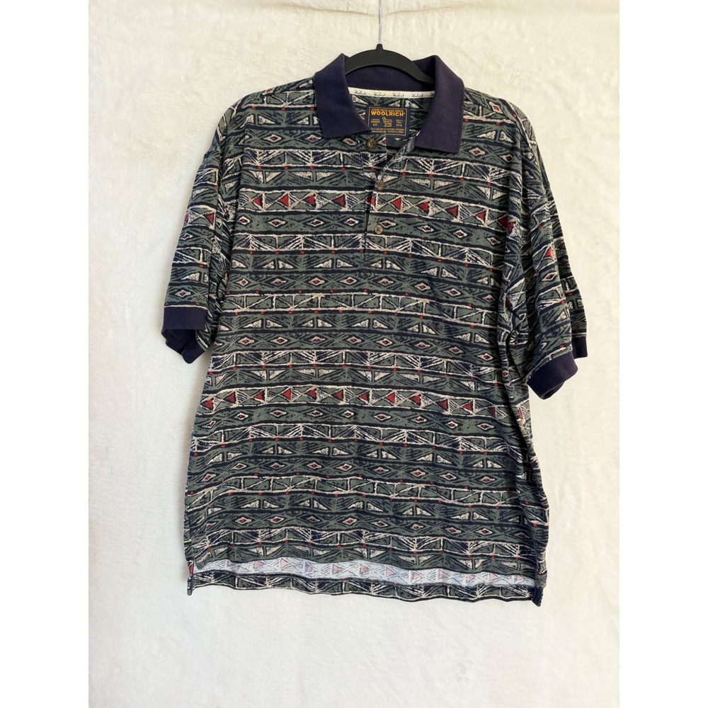 Woolrich Mens Polo Shirt Size M Loden Abstract Geometric Cotton Short Sleeve Top